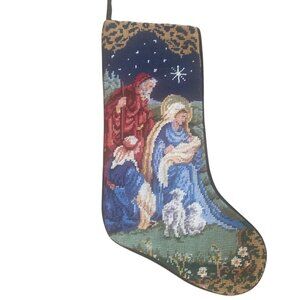 Hand-Stitched Needlepoint Nativity Christmas Stocking Holy Family Velvet